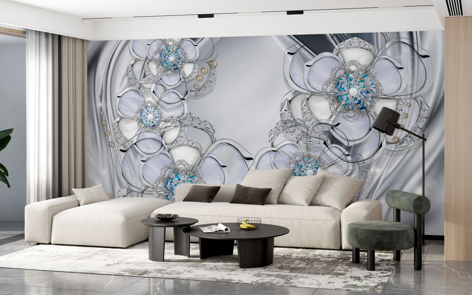 Fotobehang zilverkleurige knoppen met blauwe diamanten