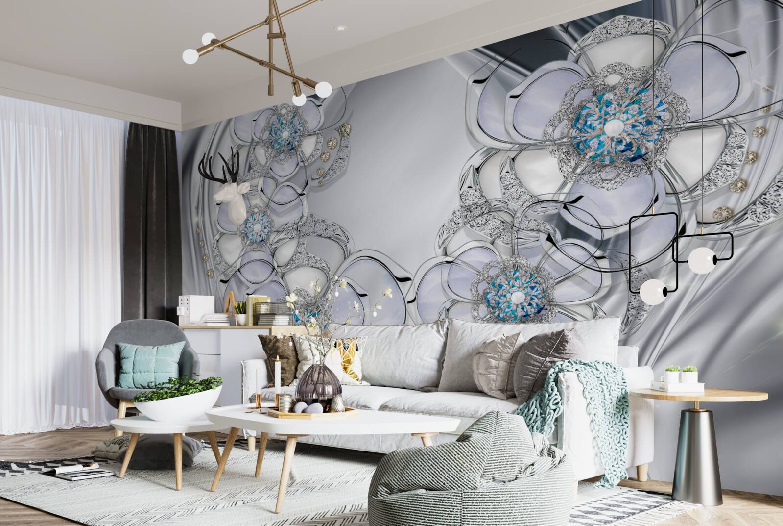 Fotobehang zilverkleurige knoppen met blauwe diamanten