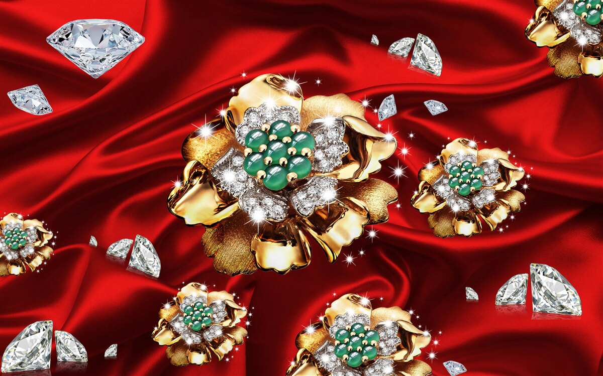 Fotobehang bloemen van goud en versierd met diamanten worden op rode zijde geplaatst