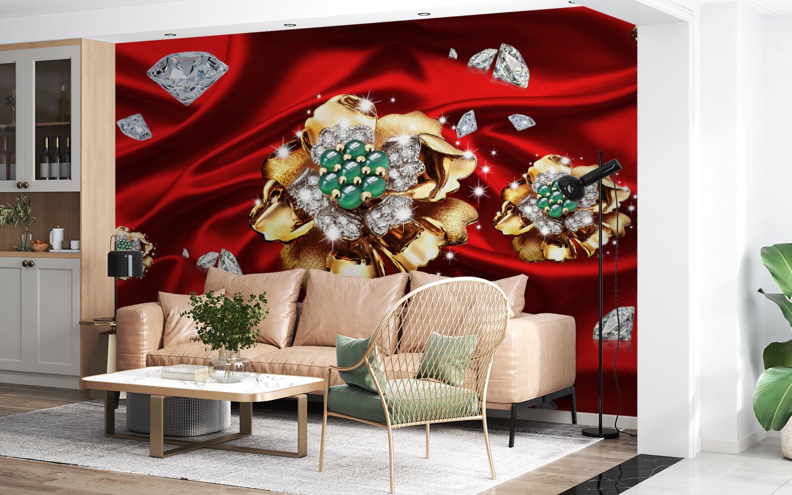 Fotobehang bloemen van goud en versierd met diamanten worden op rode zijde geplaatst