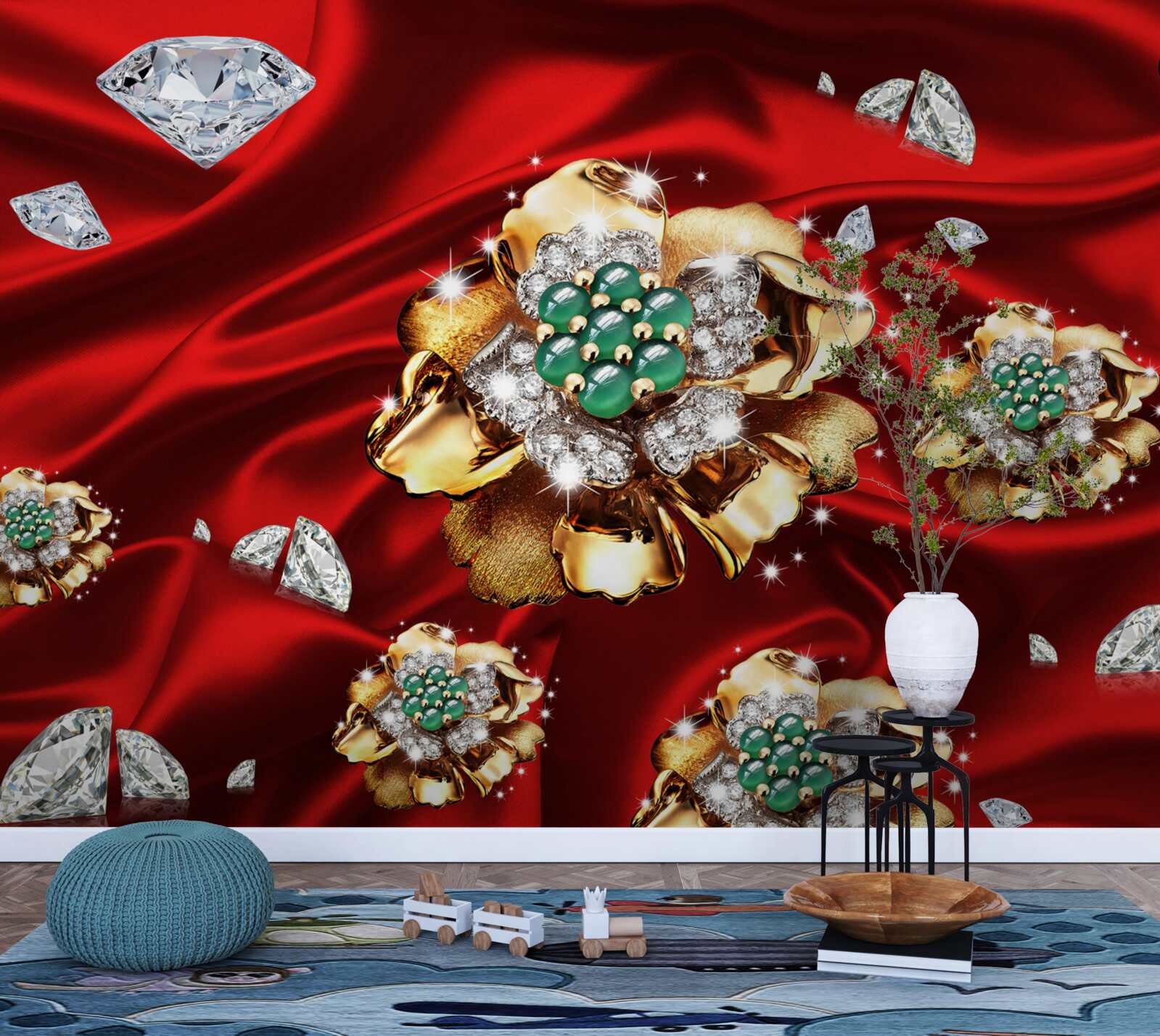 Fotobehang bloemen van goud en versierd met diamanten worden op rode zijde geplaatst