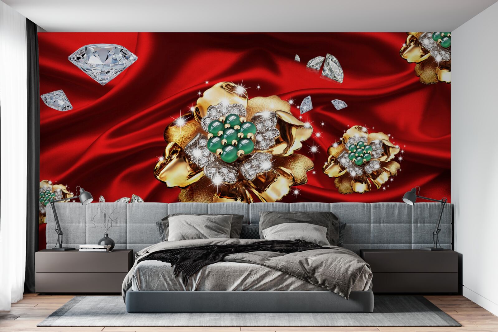 Fotobehang bloemen van goud en versierd met diamanten worden op rode zijde geplaatst