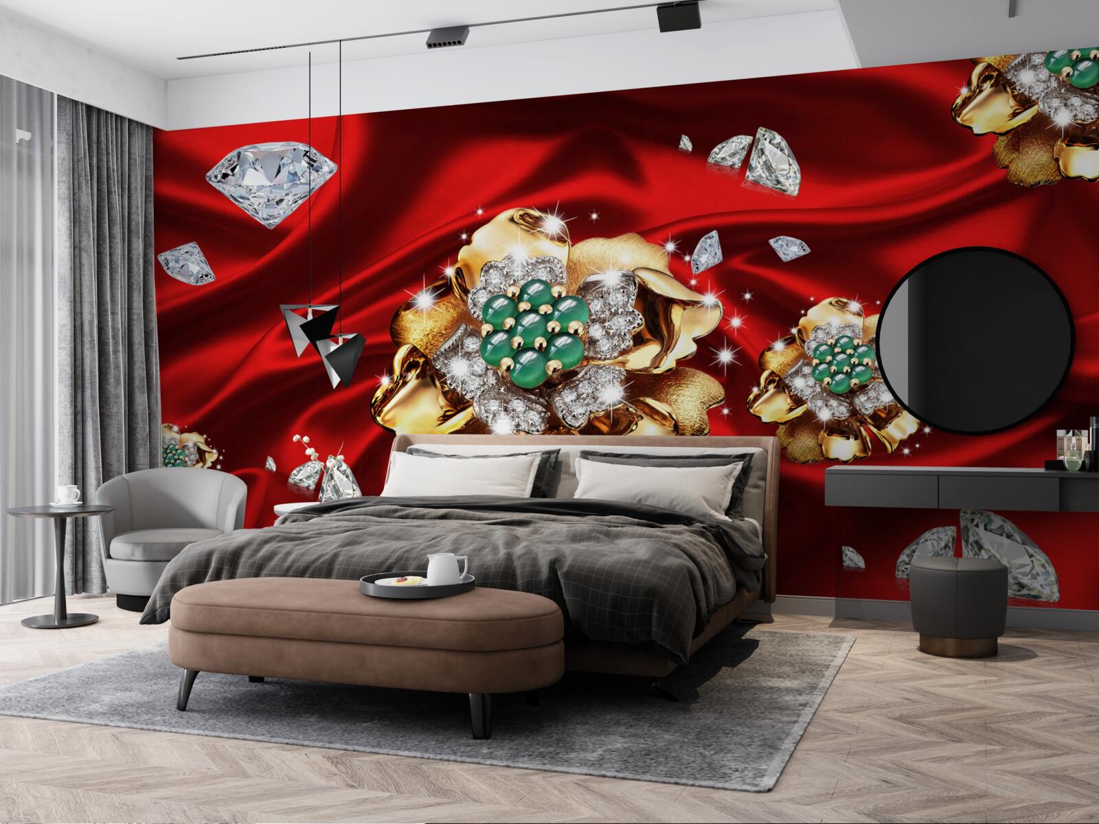 Fotobehang bloemen van goud en versierd met diamanten worden op rode zijde geplaatst