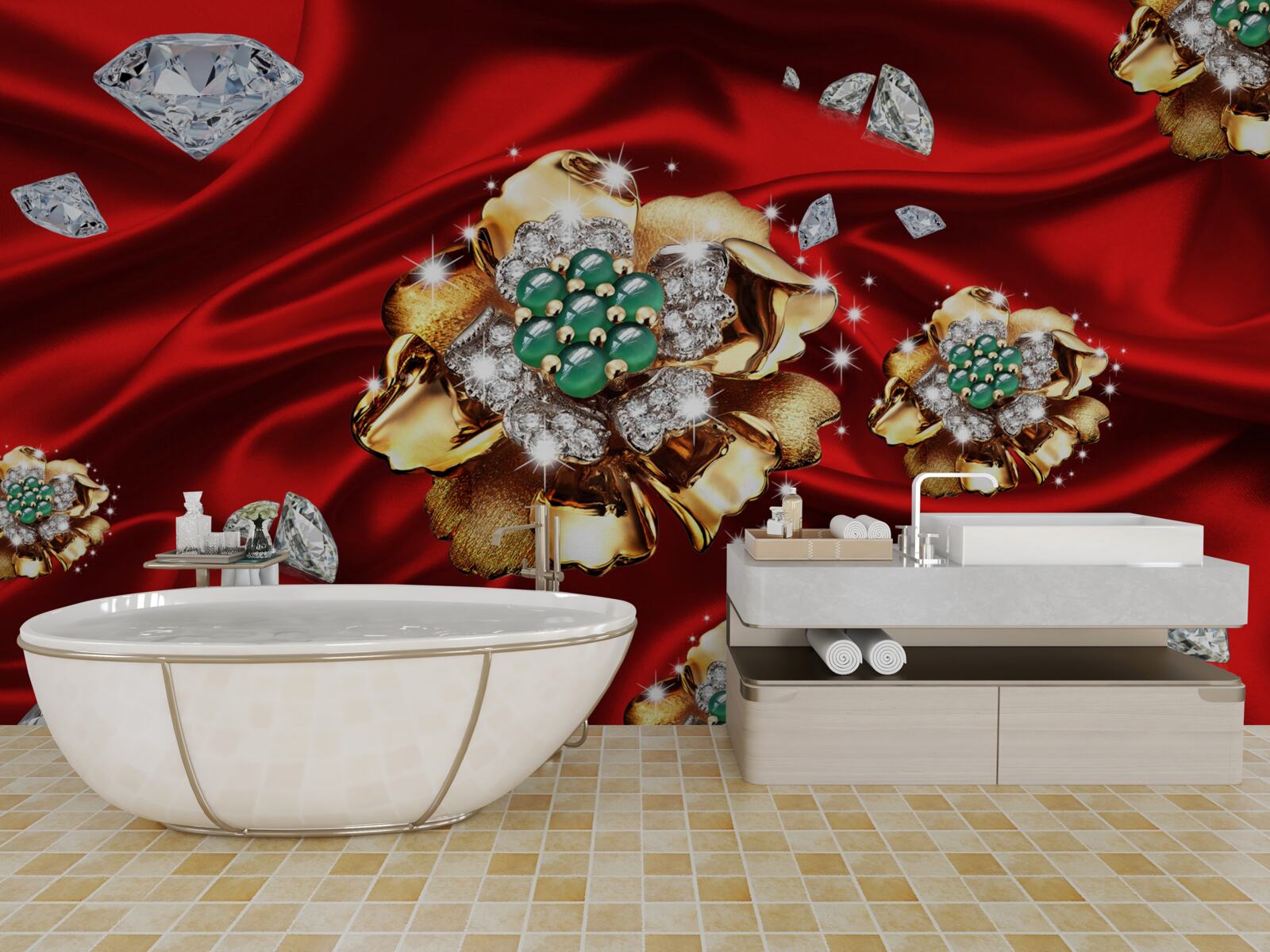 Fotobehang bloemen van goud en versierd met diamanten worden op rode zijde geplaatst