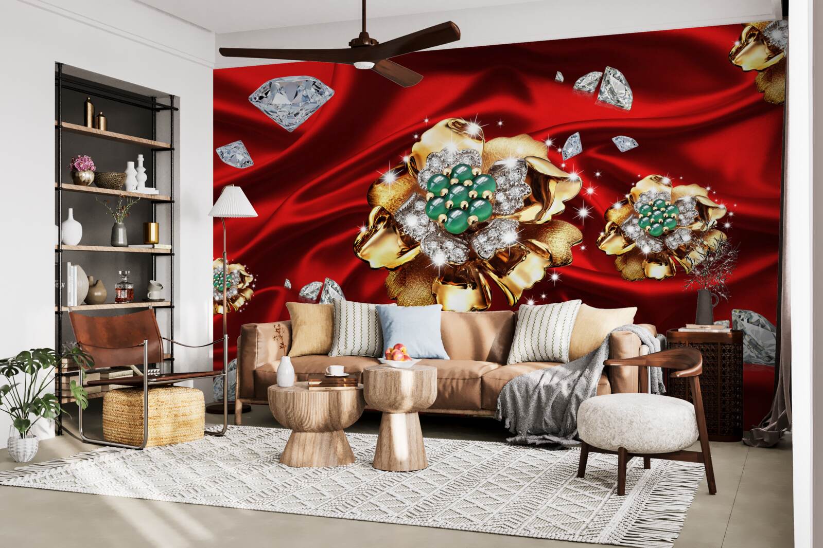 Fotobehang bloemen van goud en versierd met diamanten worden op rode zijde geplaatst