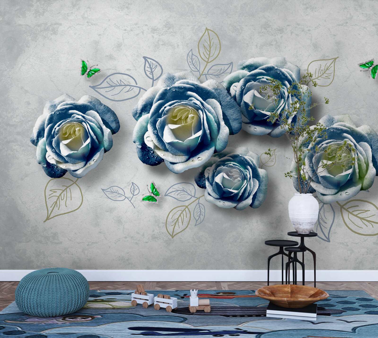 Fotobehang rozen met ongewone blauw-witte kleur
