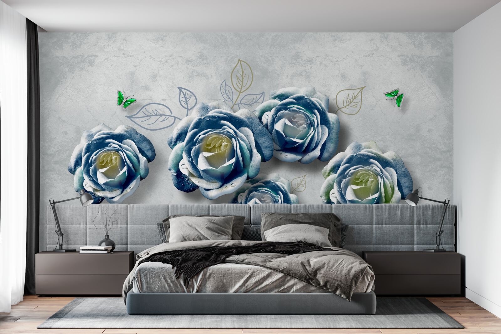 Fotobehang rozen met ongewone blauw-witte kleur