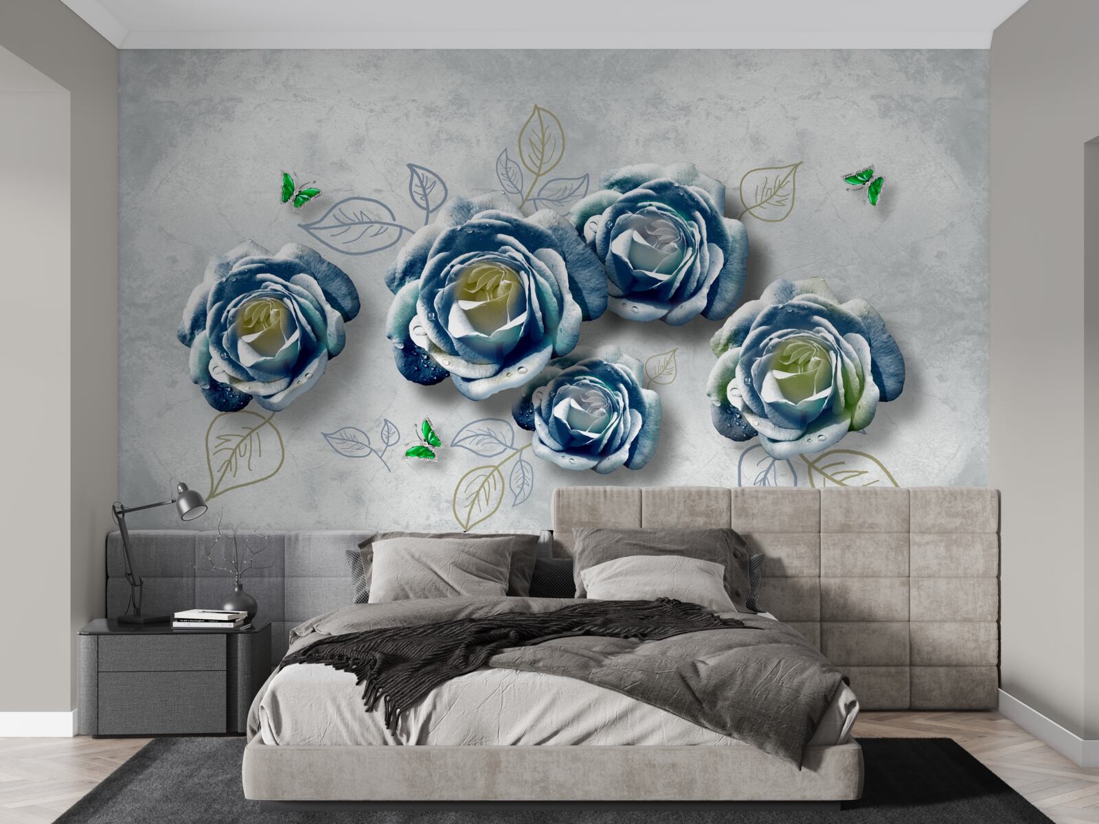 Fotobehang rozen met ongewone blauw-witte kleur