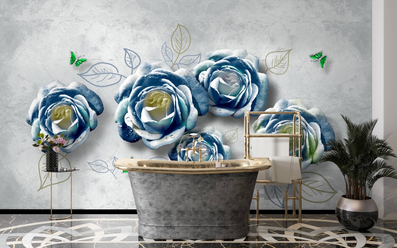 Fotobehang rozen met ongewone blauw-witte kleur