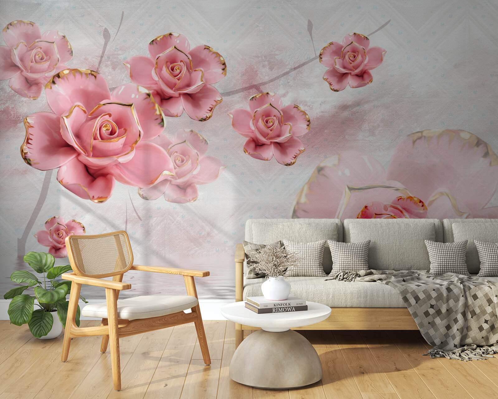 Fotobehang rozen met rosé gouden randen