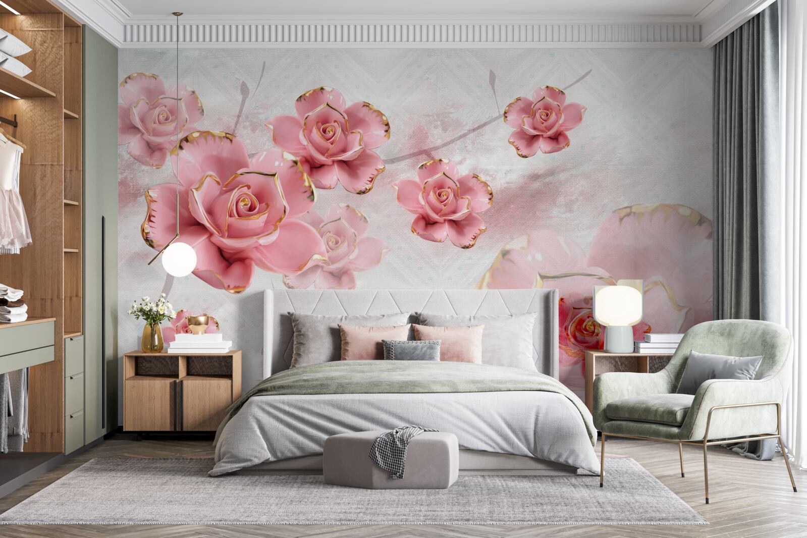 Fotobehang rozen met rosé gouden randen