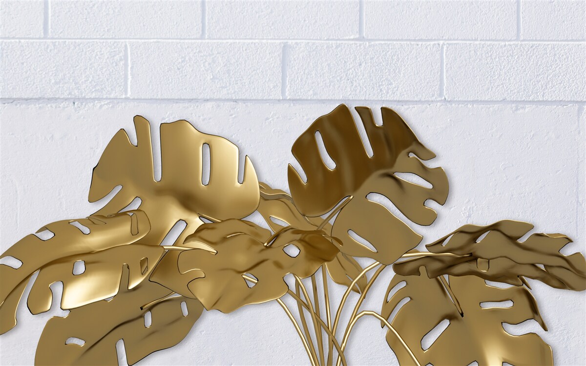 Fotobehang tropische koperen bladeren op het oppervlak van een baksteen