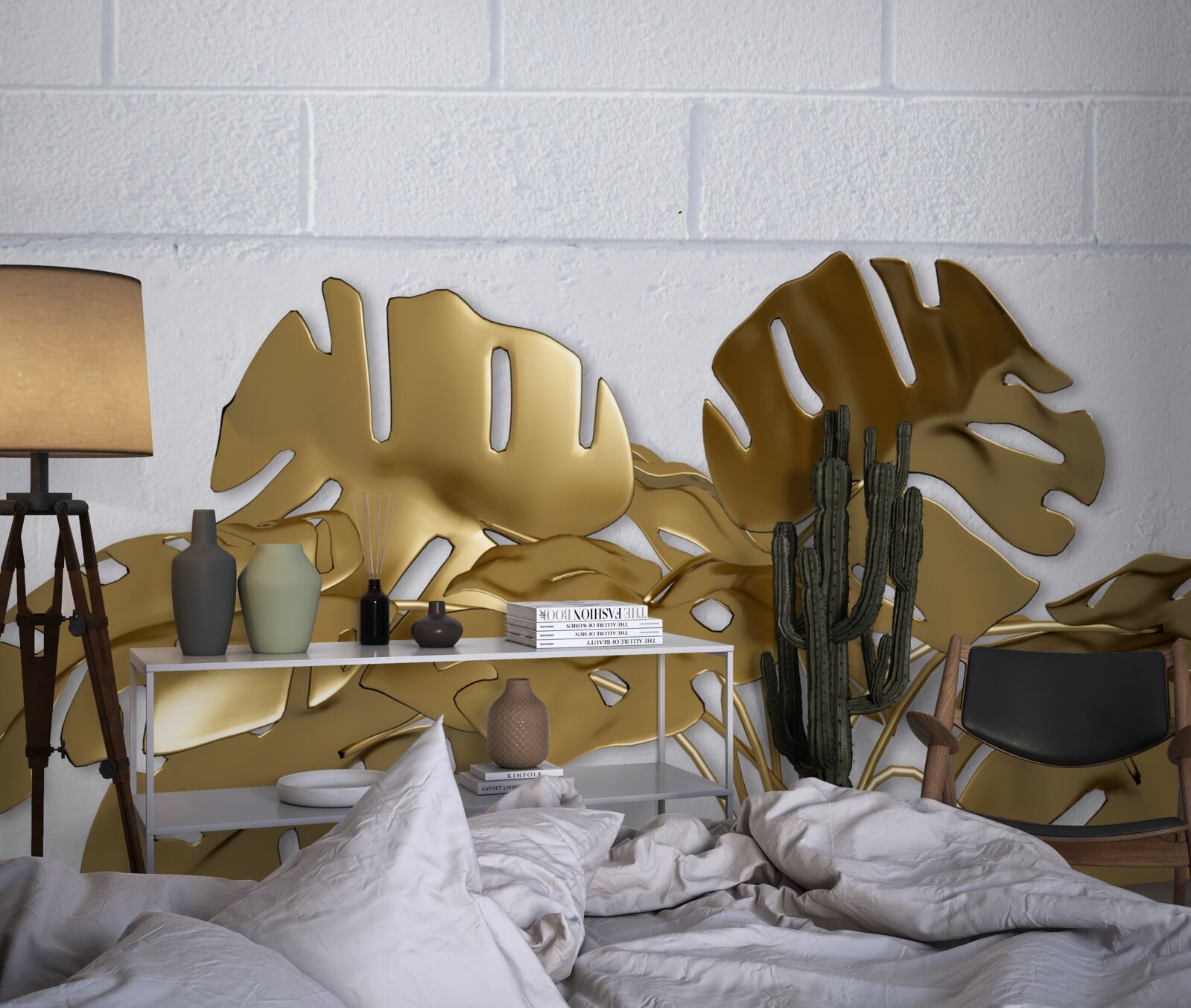 Fotobehang tropische koperen bladeren op het oppervlak van een baksteen