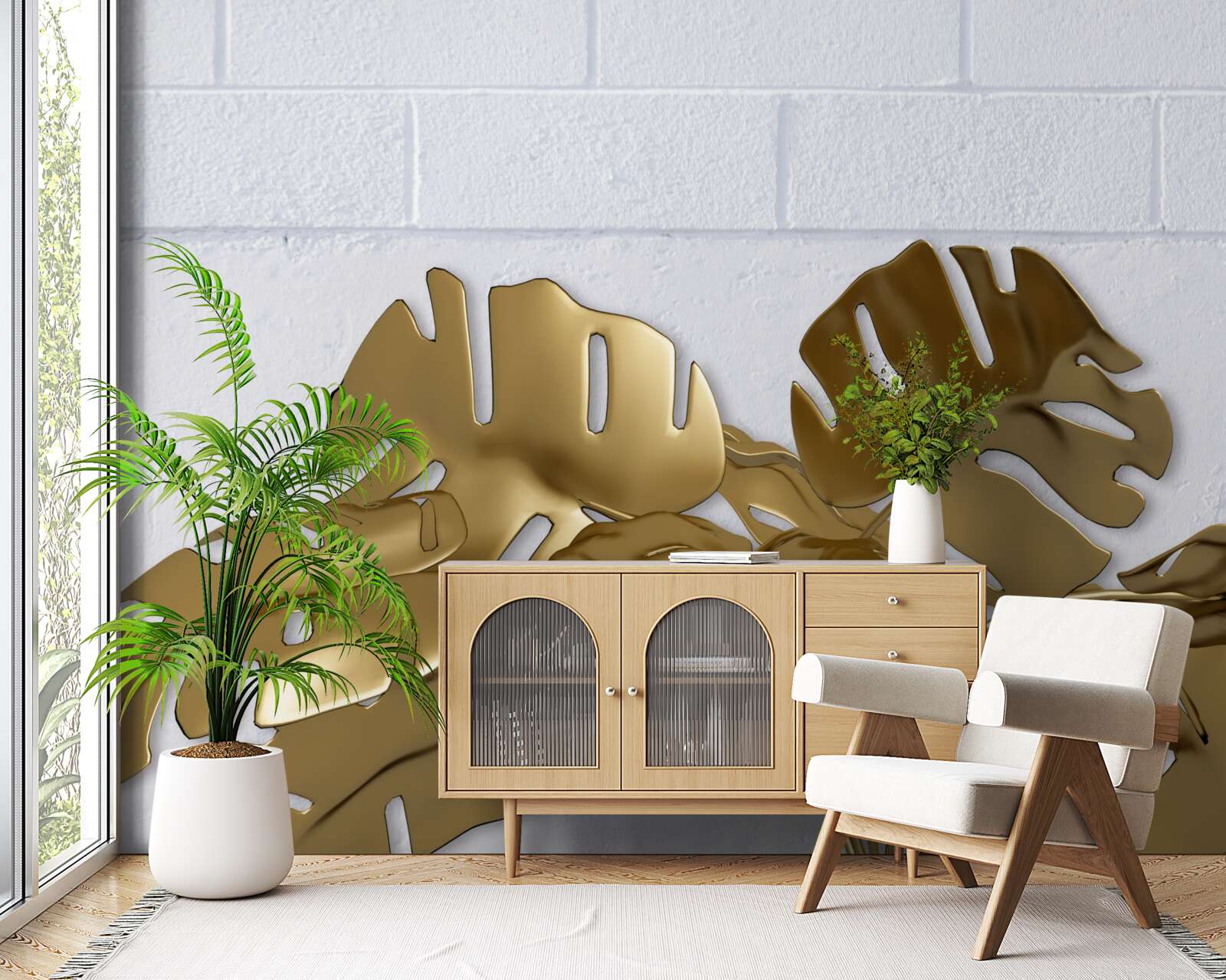 Fotobehang tropische koperen bladeren op het oppervlak van een baksteen