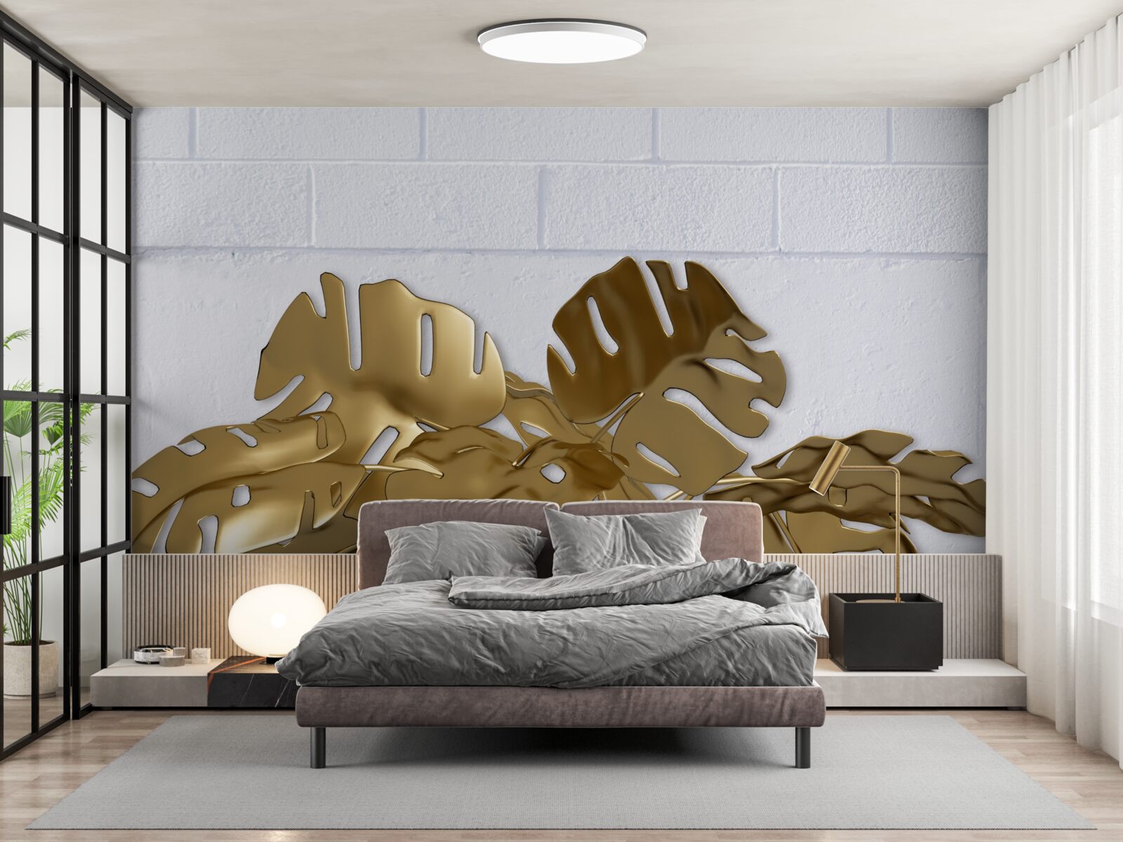 Fotobehang tropische koperen bladeren op het oppervlak van een baksteen