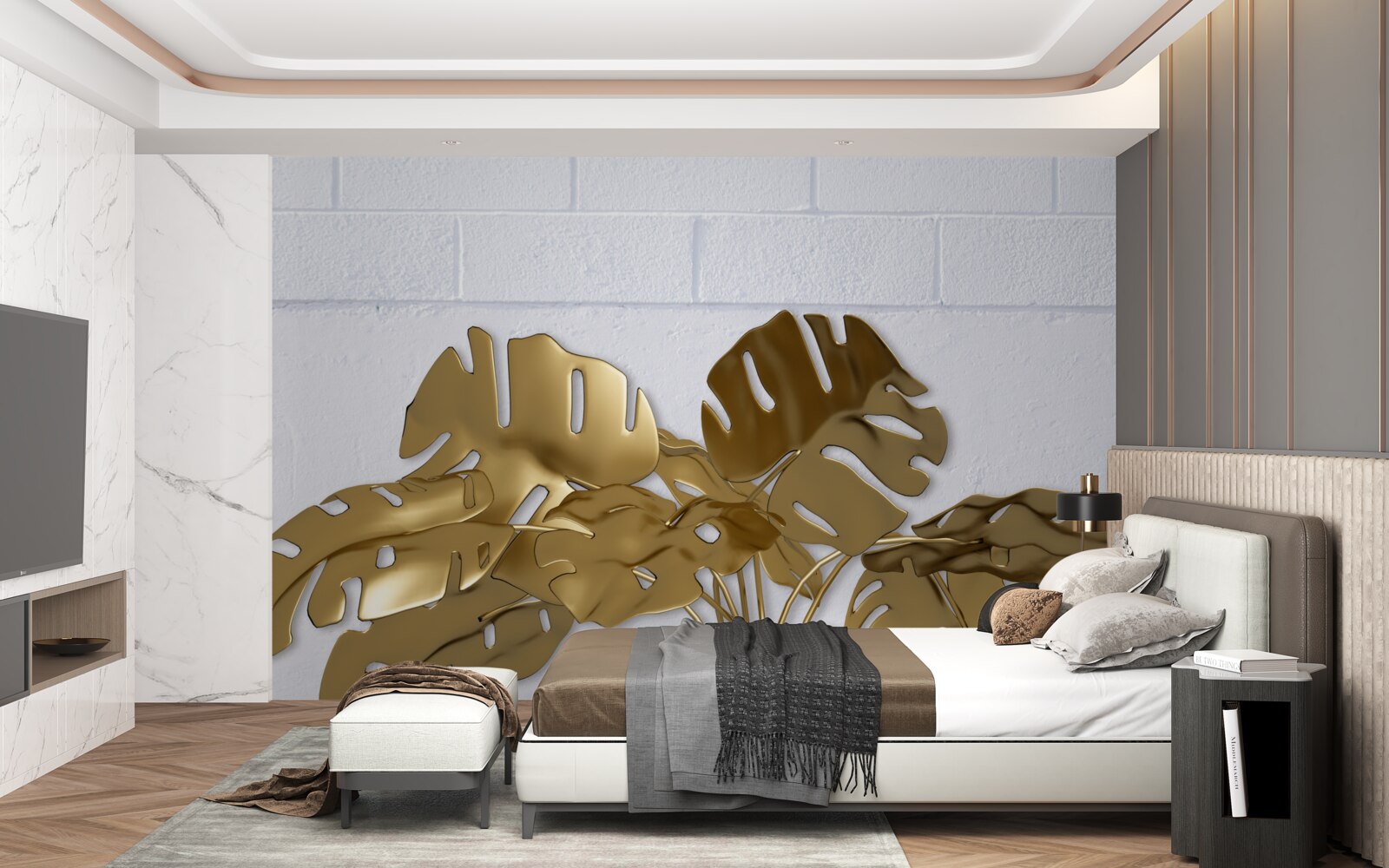 Fotobehang tropische koperen bladeren op het oppervlak van een baksteen