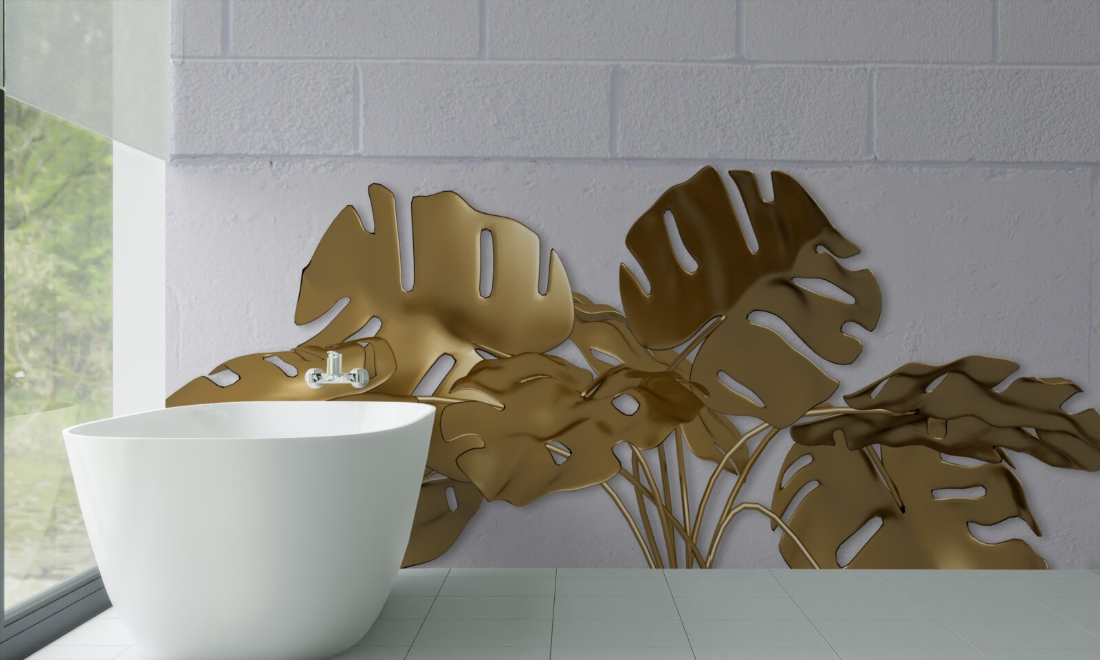 Fotobehang tropische koperen bladeren op het oppervlak van een baksteen