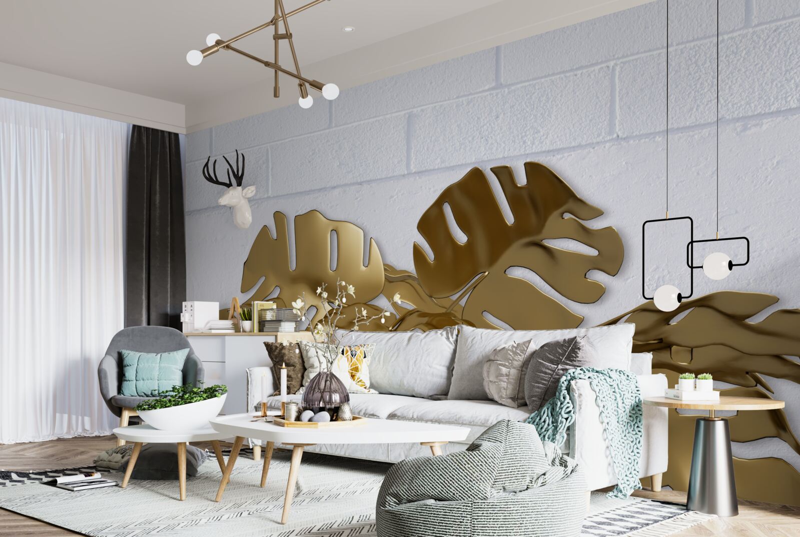 Fotobehang tropische koperen bladeren op het oppervlak van een baksteen