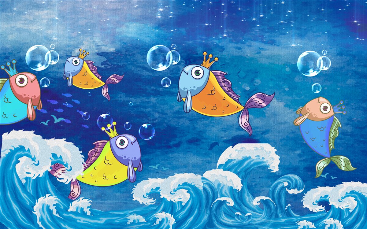 Fotobehang geanimeerde vissen met koninklijke tiara's