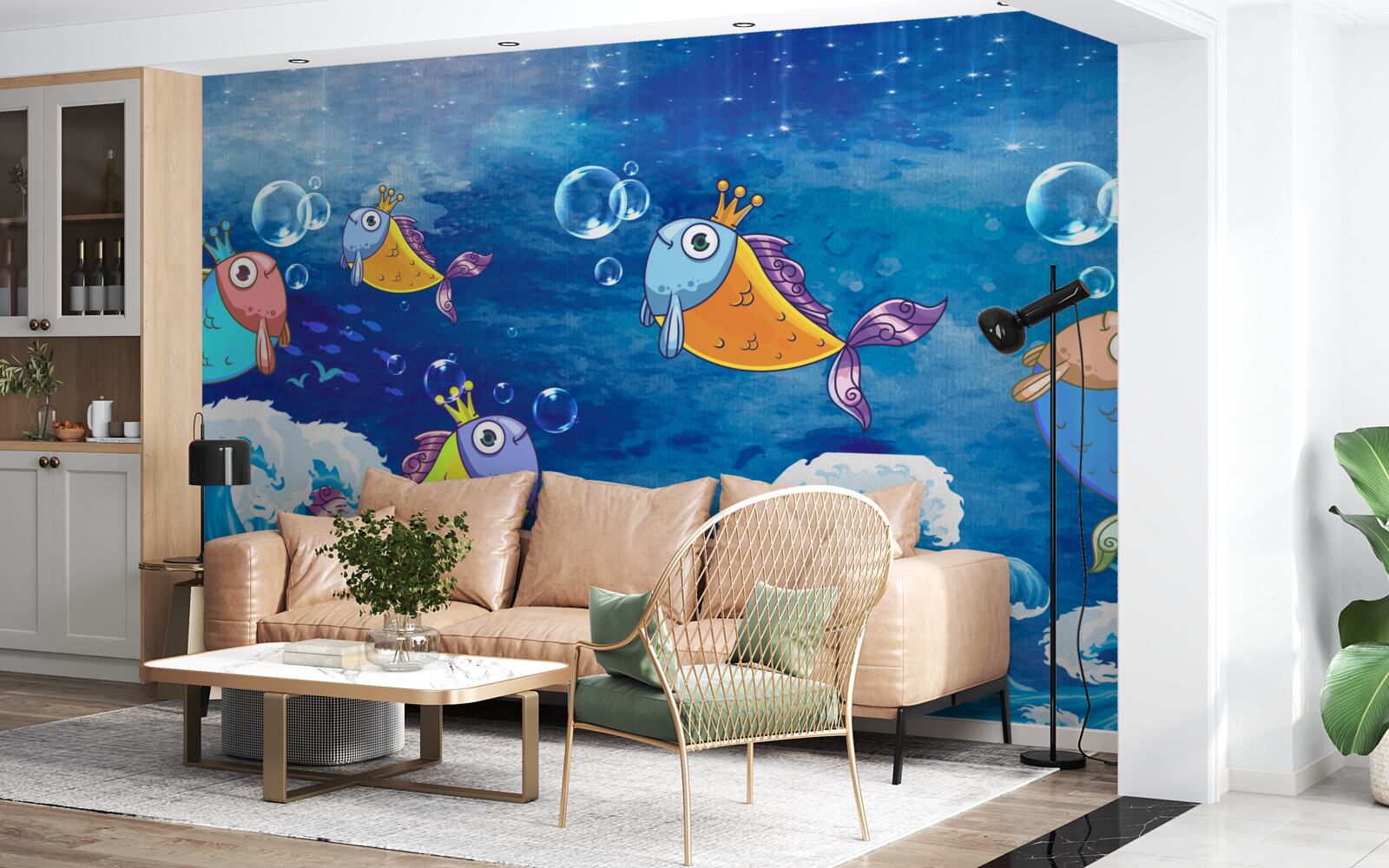 Fotobehang geanimeerde vissen met koninklijke tiara's