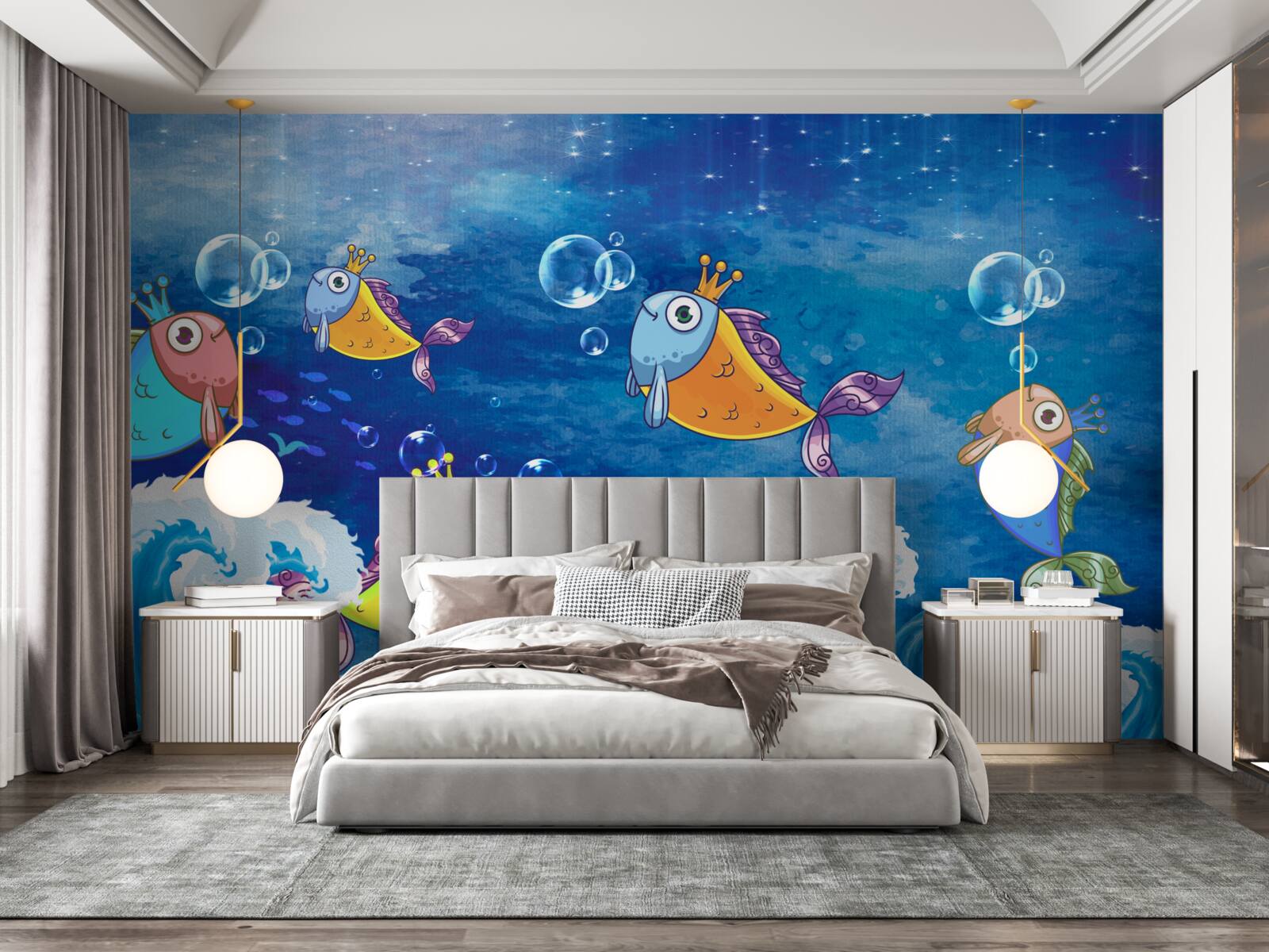 Fotobehang geanimeerde vissen met koninklijke tiara's