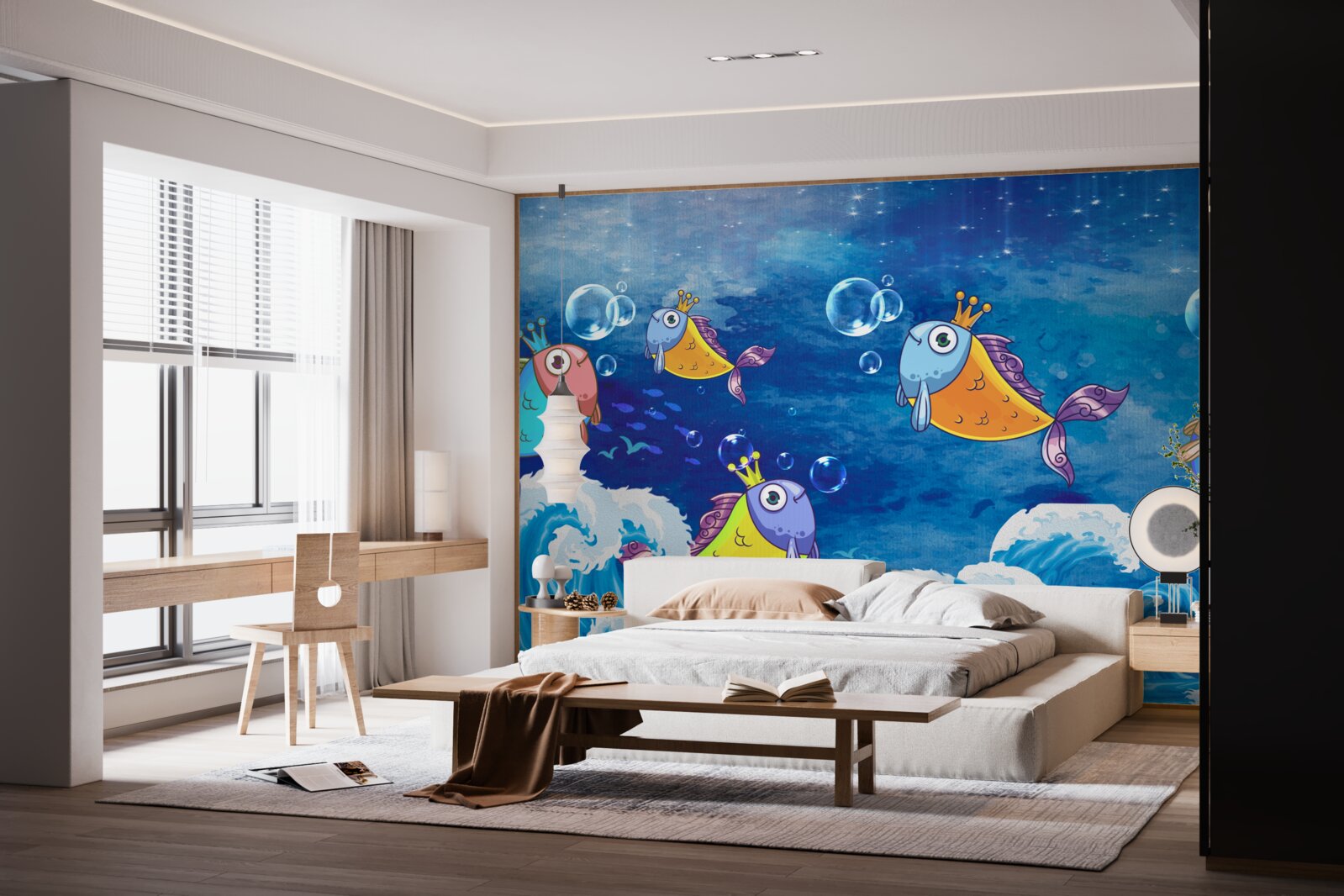 Fotobehang geanimeerde vissen met koninklijke tiara's