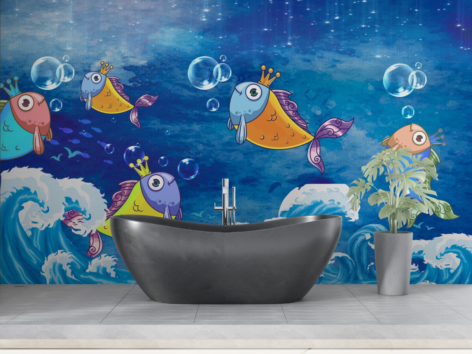Fotobehang geanimeerde vissen met koninklijke tiara's