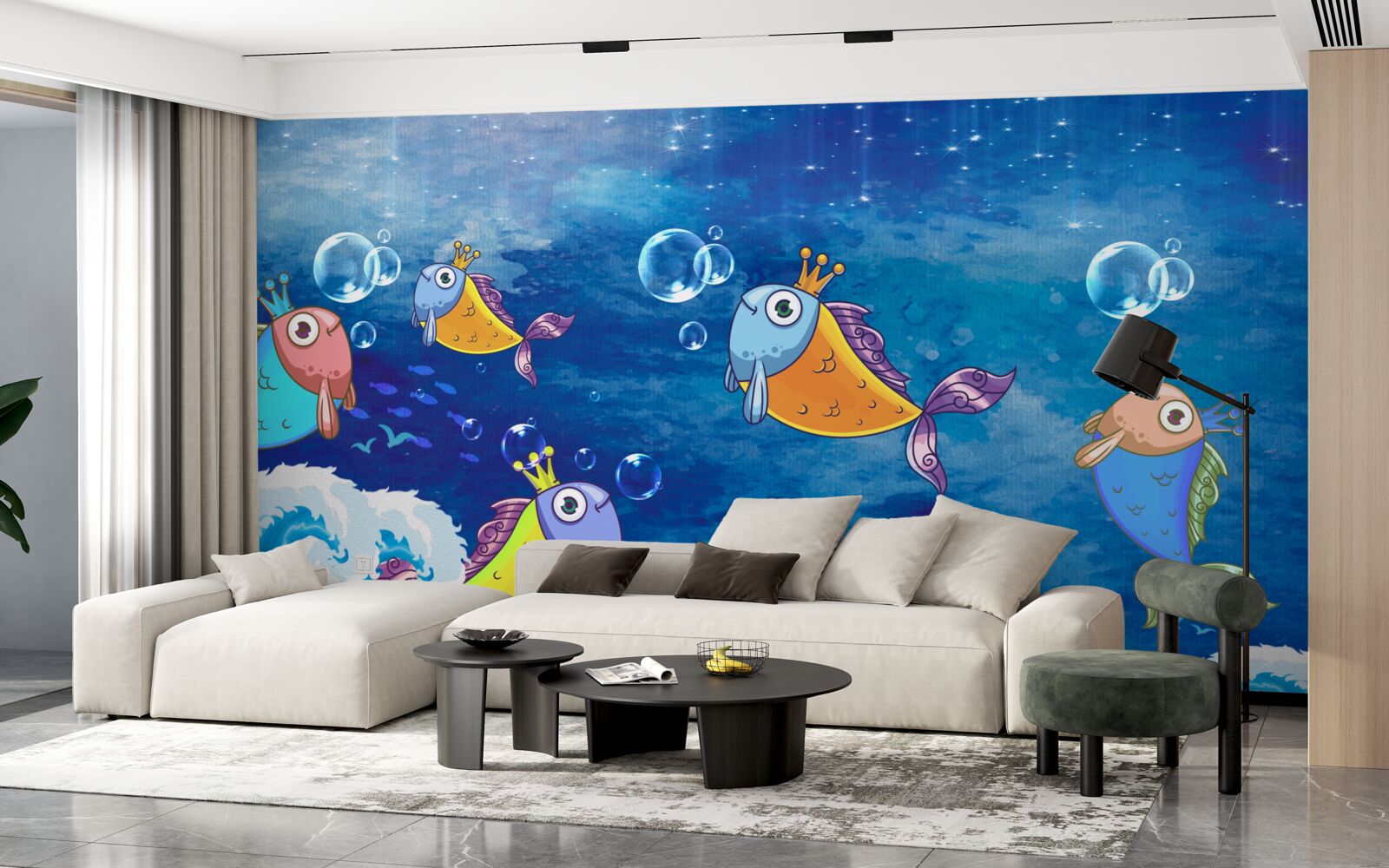 Fotobehang geanimeerde vissen met koninklijke tiara's