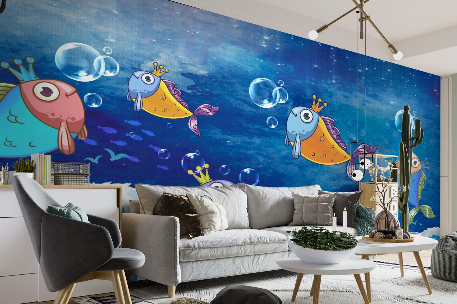 Fotobehang geanimeerde vissen met koninklijke tiara's