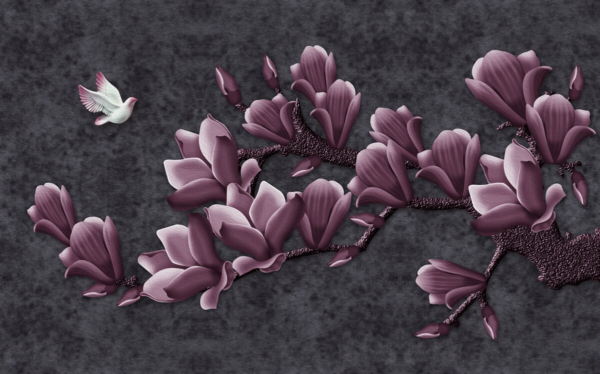 Fotobehang lila schaduw van vogel en magnolia