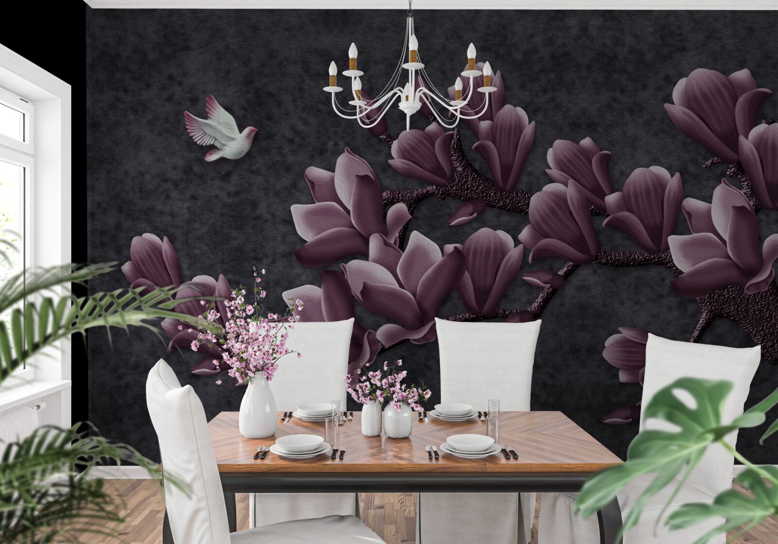 Fotobehang lila schaduw van vogel en magnolia