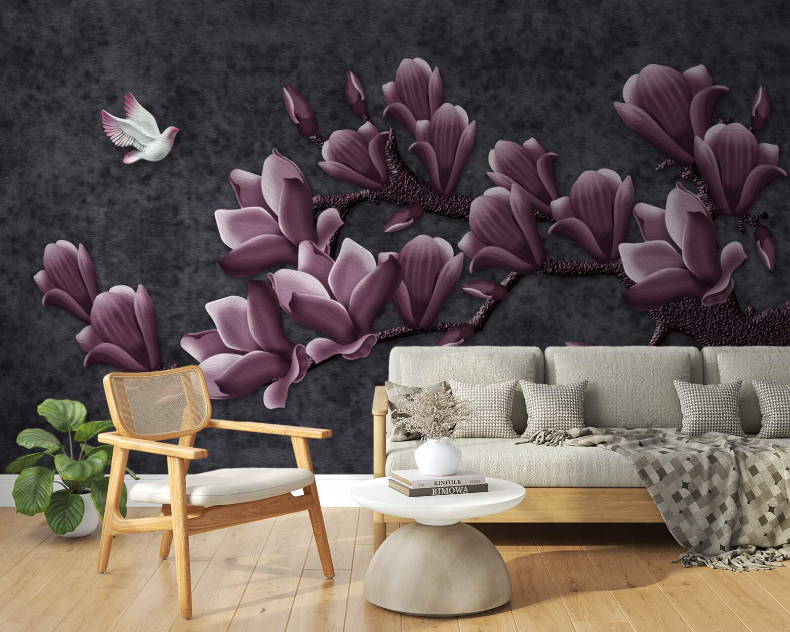 Fotobehang lila schaduw van vogel en magnolia