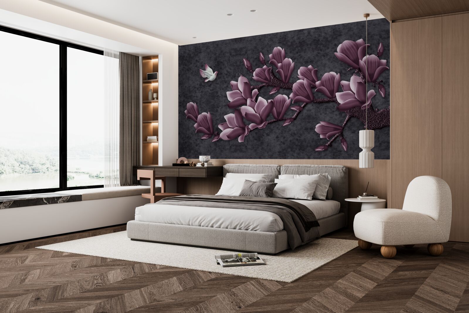 Fotobehang lila schaduw van vogel en magnolia