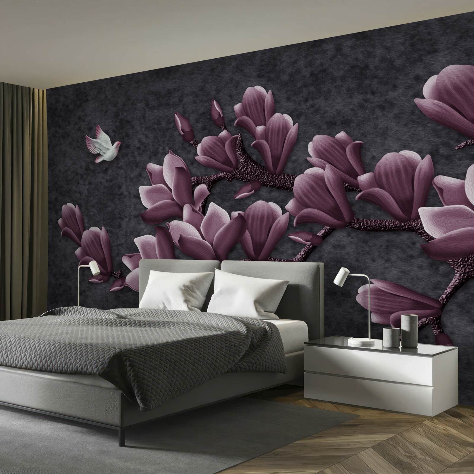 Fotobehang lila schaduw van vogel en magnolia