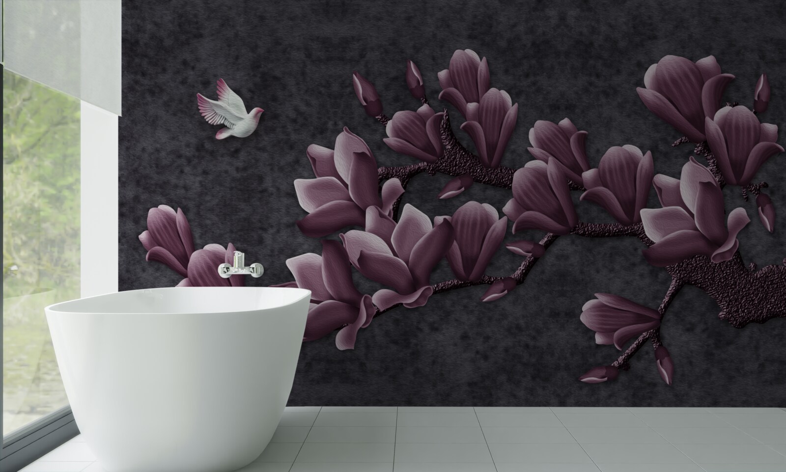 Fotobehang lila schaduw van vogel en magnolia