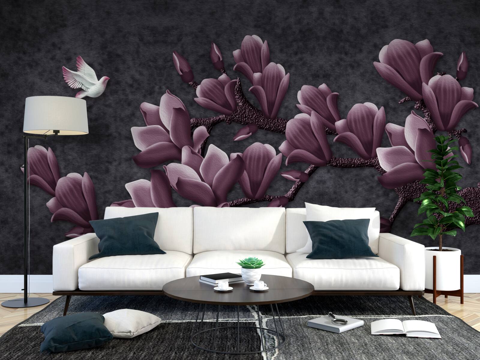 Fotobehang lila schaduw van vogel en magnolia