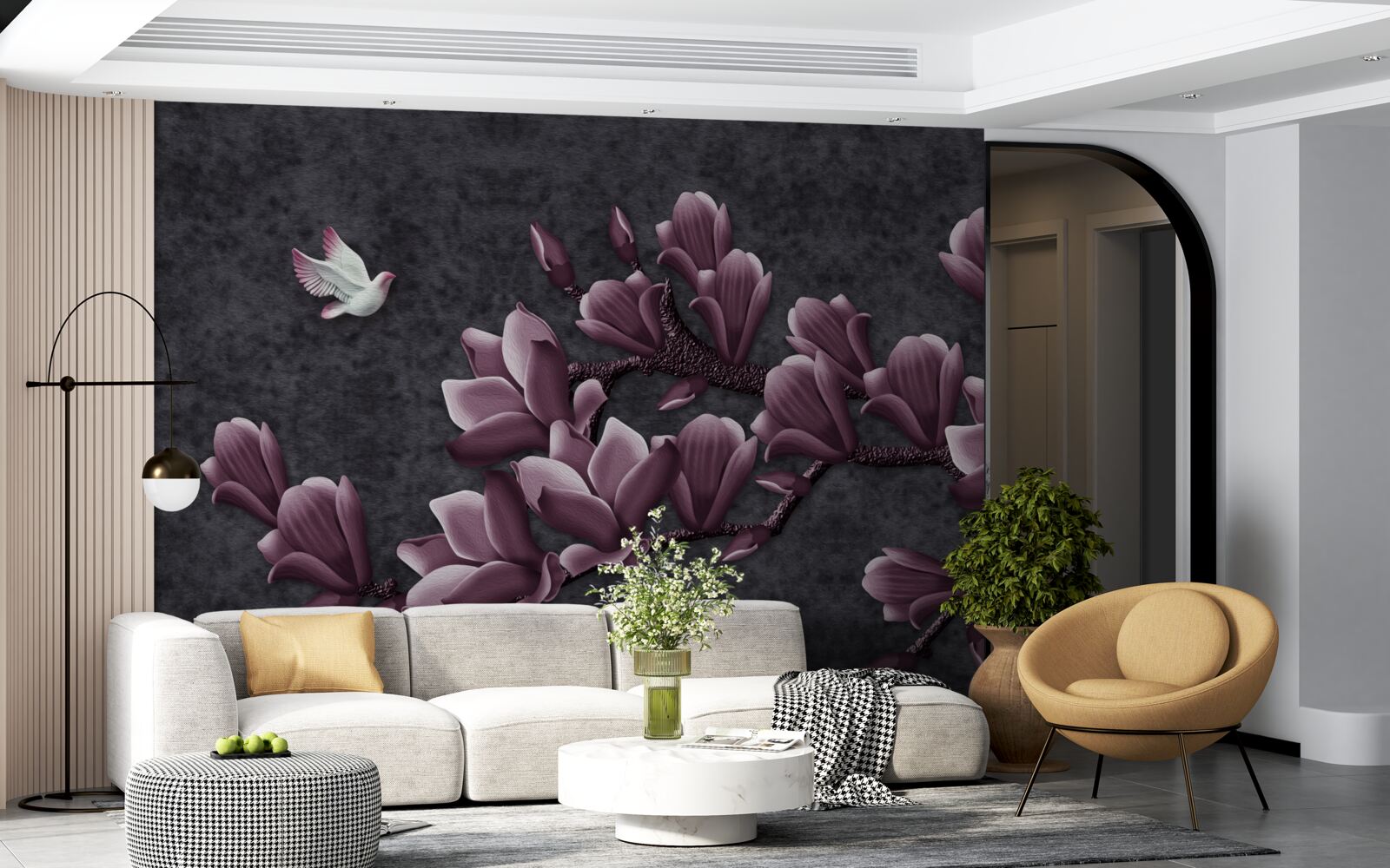 Fotobehang lila schaduw van vogel en magnolia