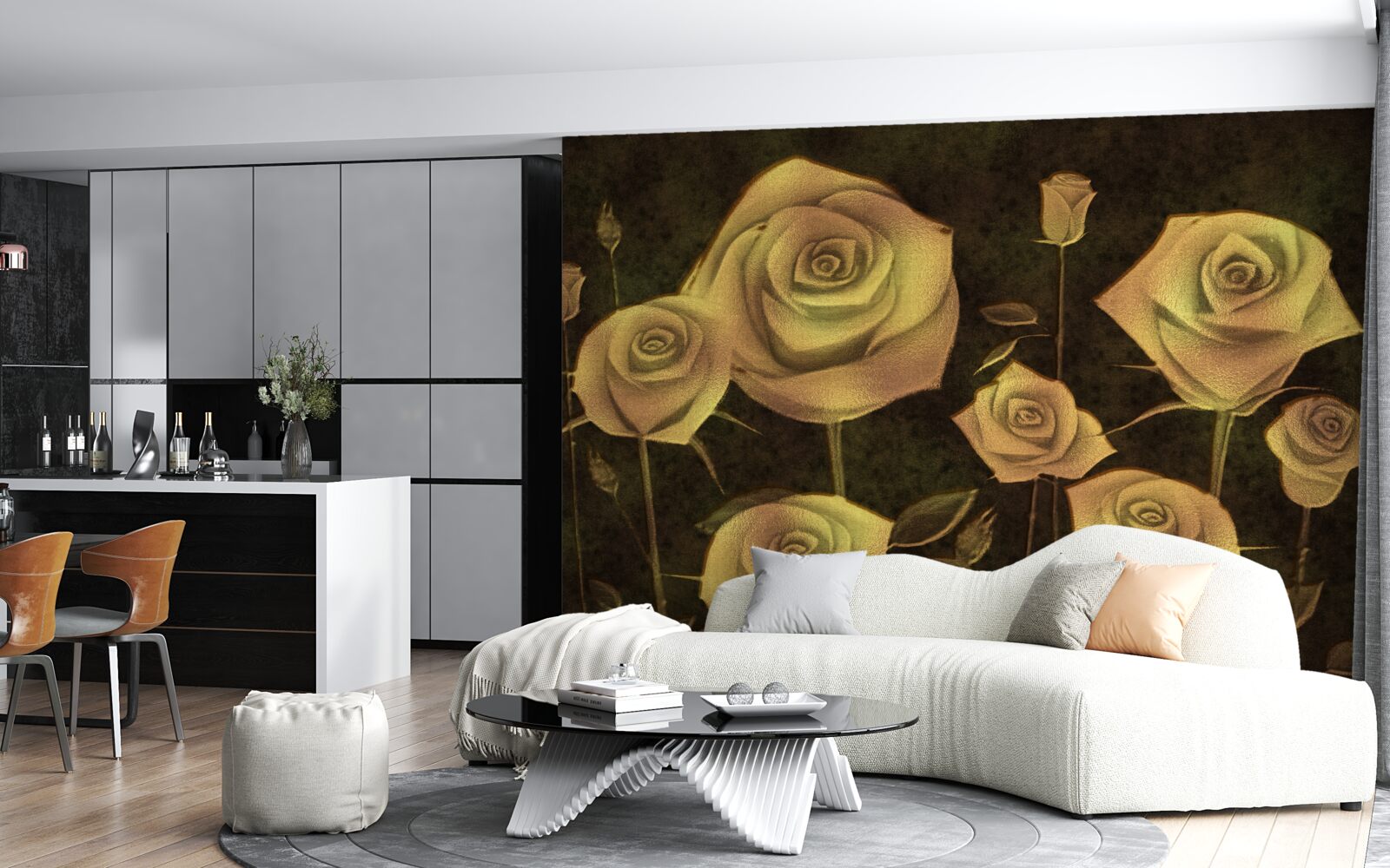 Fotobehang op een bruine achtergrond staat een witte rozenknop