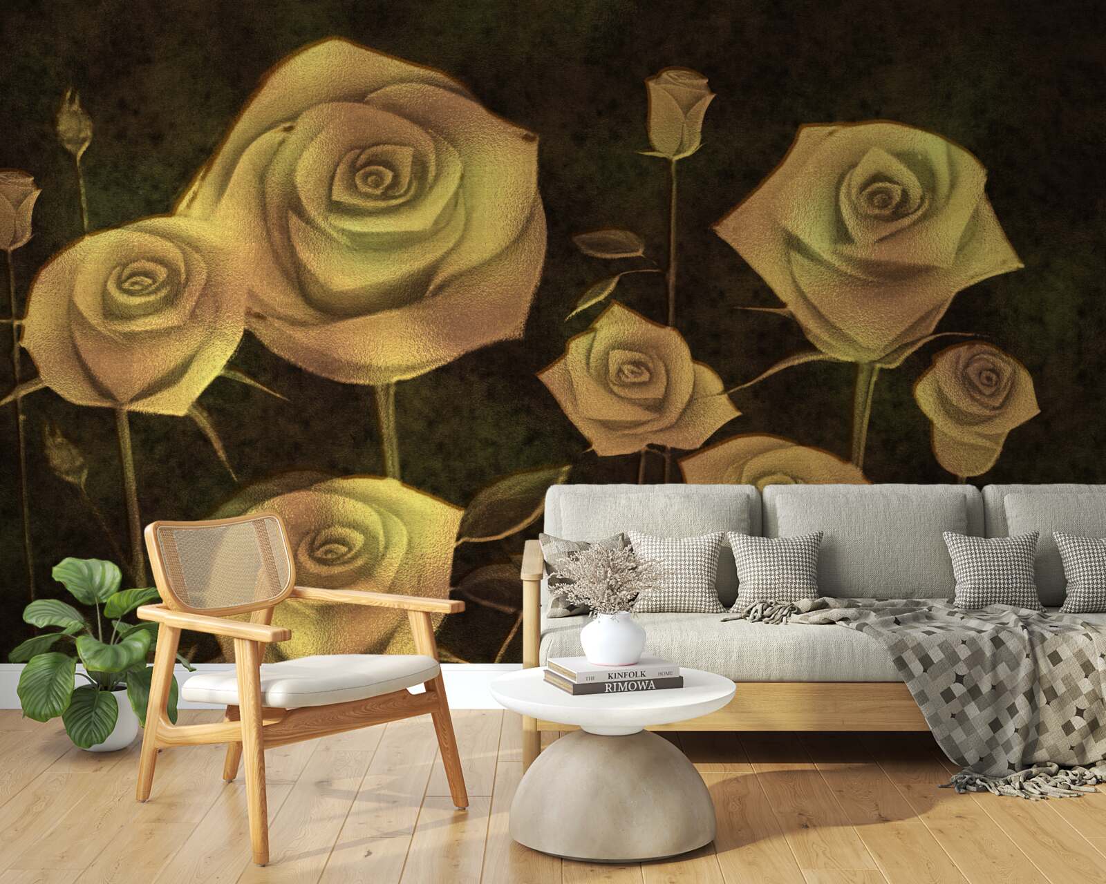 Fotobehang op een bruine achtergrond staat een witte rozenknop