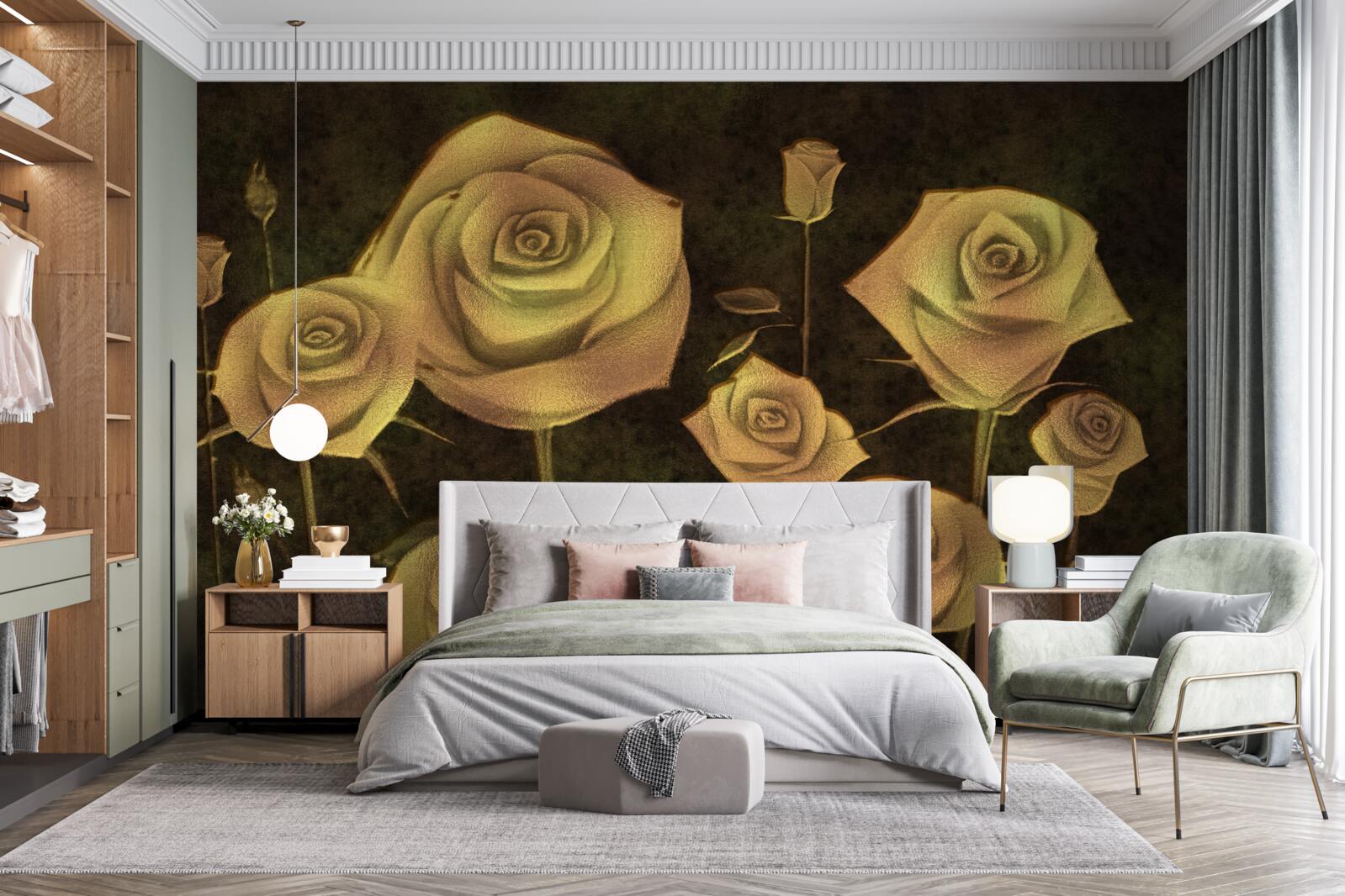 Fotobehang op een bruine achtergrond staat een witte rozenknop