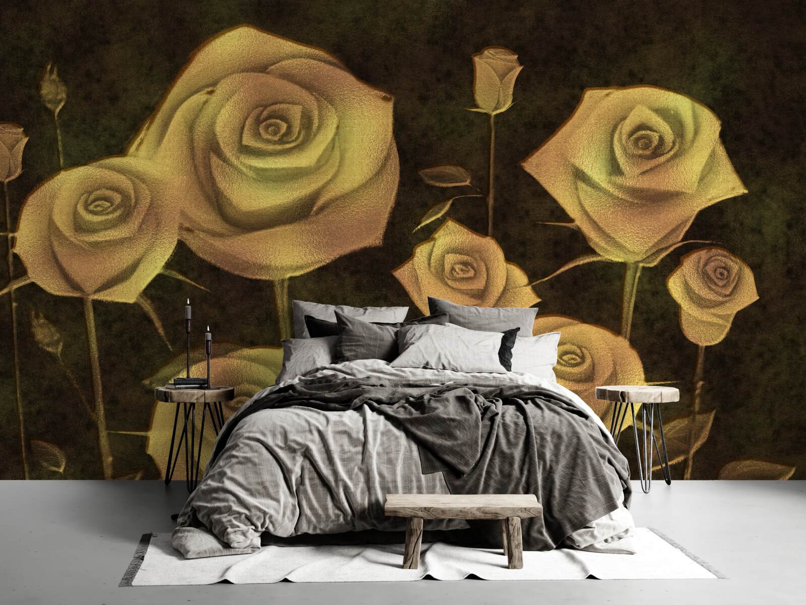 Fotobehang op een bruine achtergrond staat een witte rozenknop