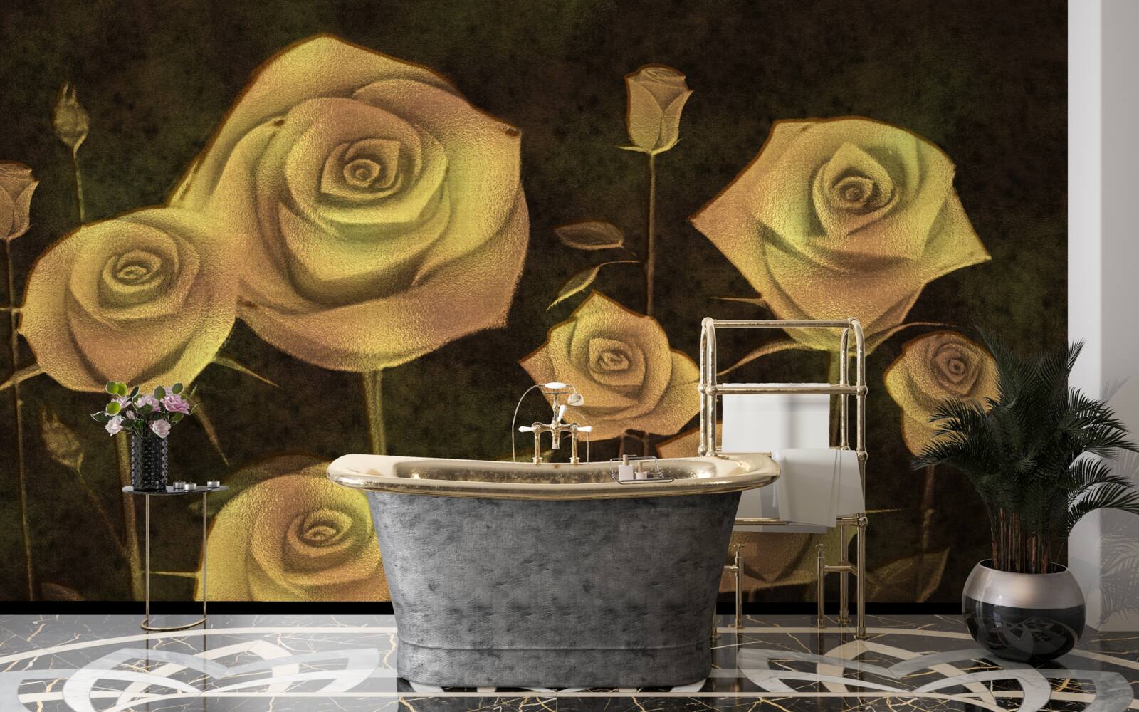 Fotobehang op een bruine achtergrond staat een witte rozenknop