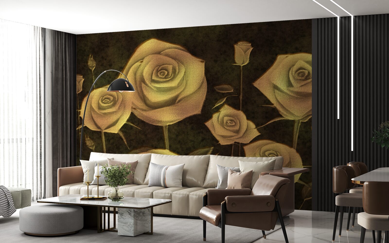 Fotobehang op een bruine achtergrond staat een witte rozenknop