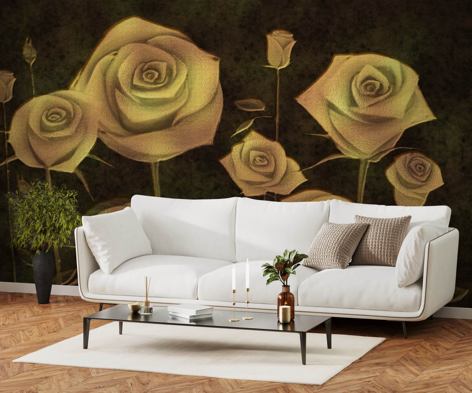 Fotobehang op een bruine achtergrond staat een witte rozenknop