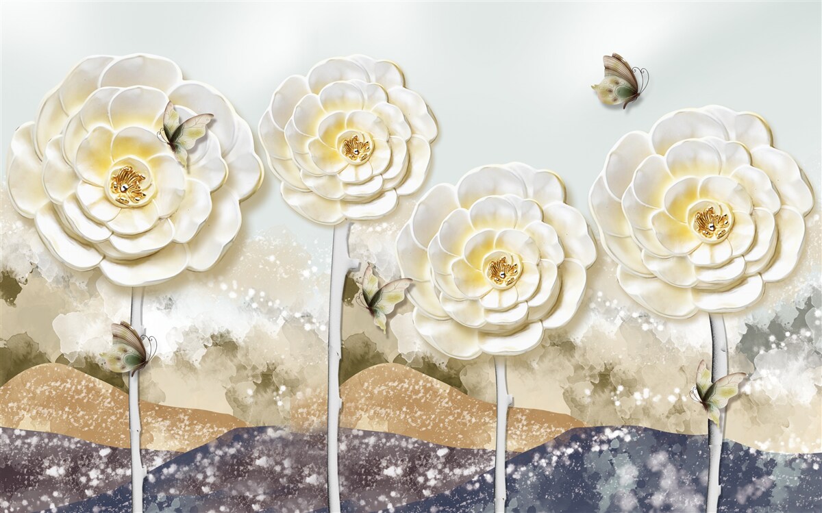 Fotobehang vlinders vliegen in de buurt van de enorme romige knoppen