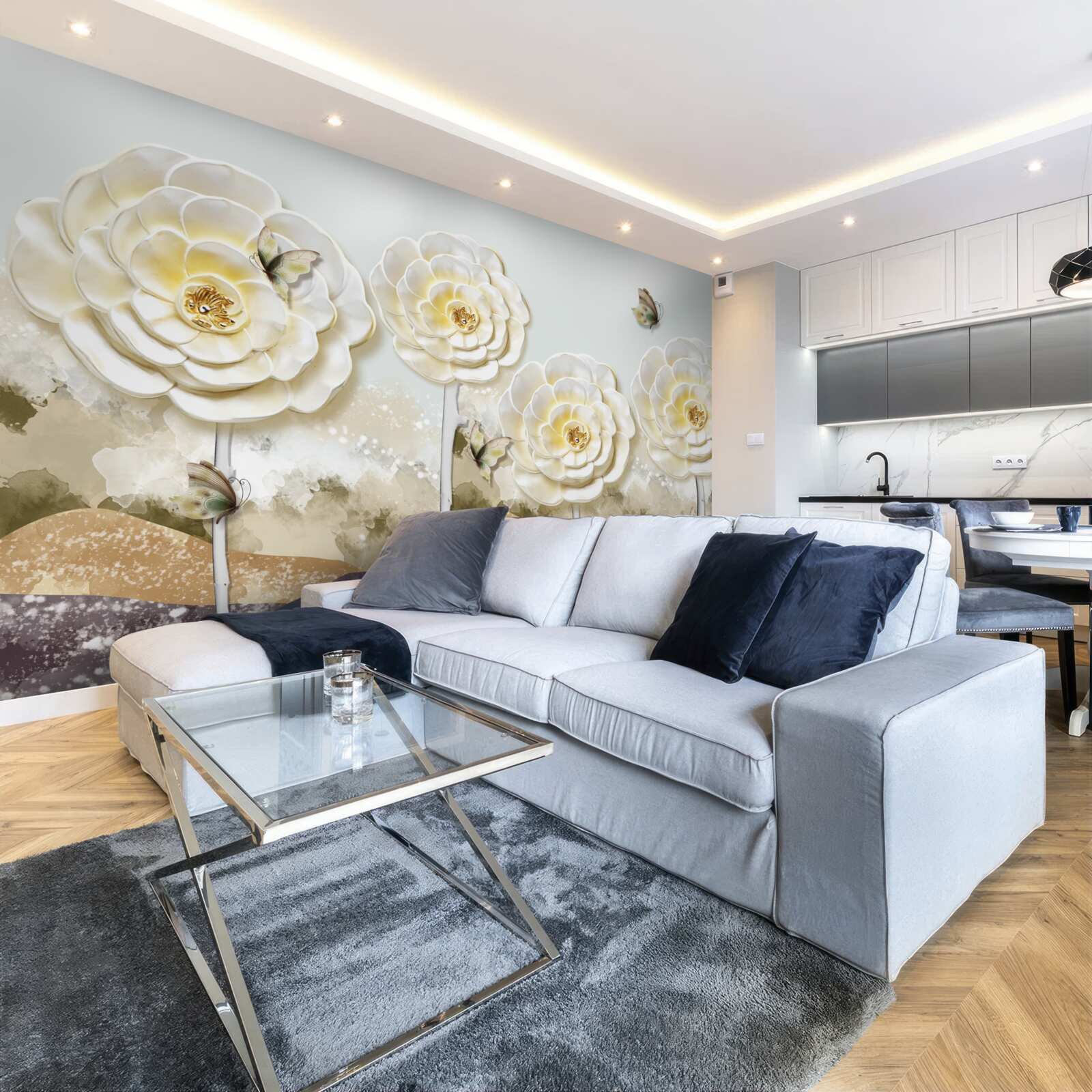 Fotobehang vlinders vliegen in de buurt van de enorme romige knoppen