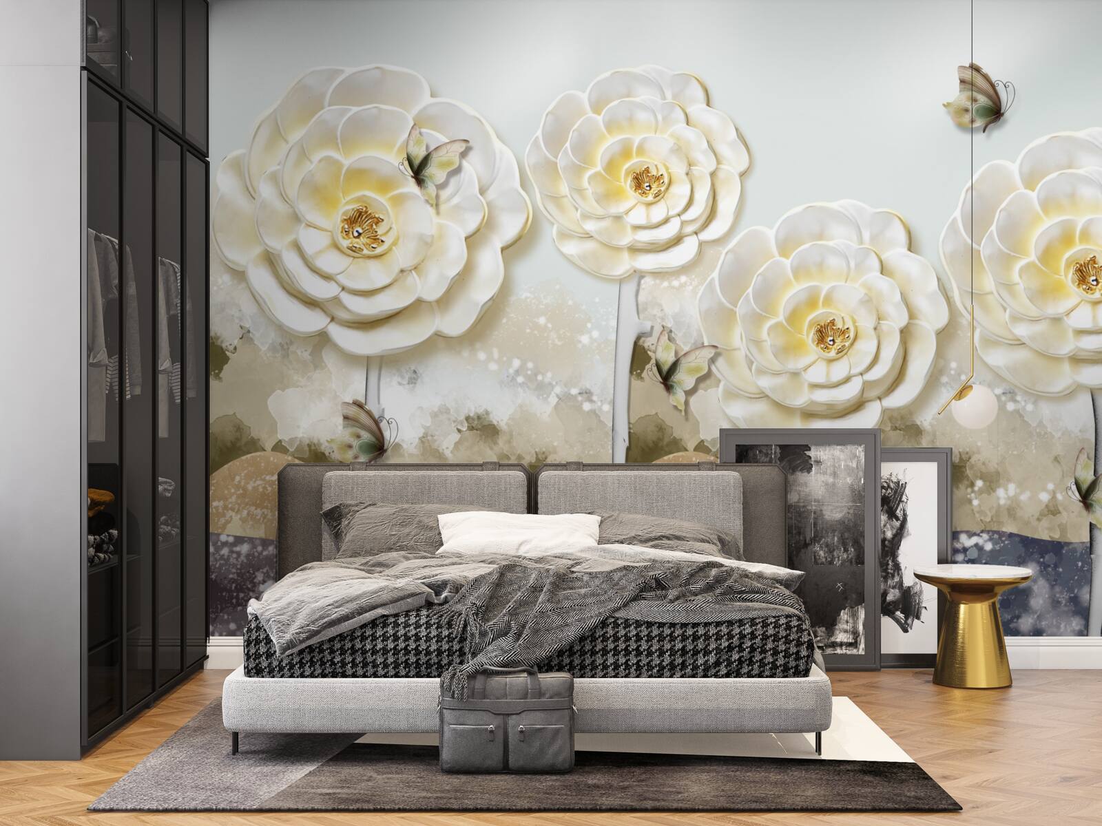 Fotobehang vlinders vliegen in de buurt van de enorme romige knoppen