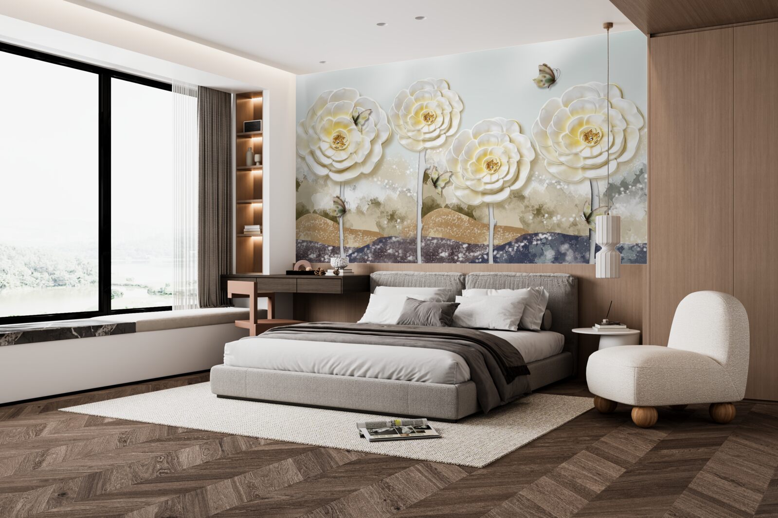 Fotobehang vlinders vliegen in de buurt van de enorme romige knoppen