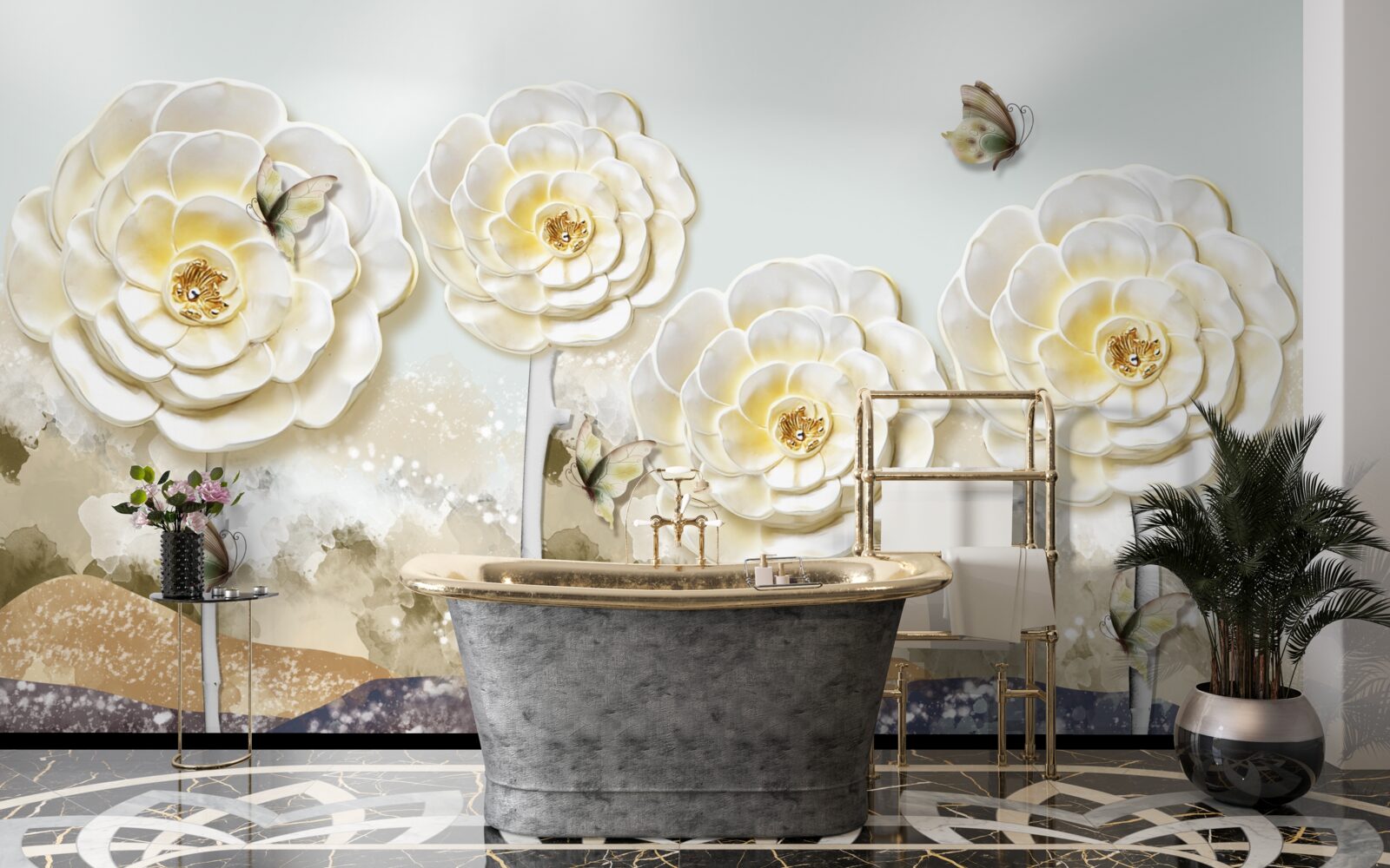 Fotobehang vlinders vliegen in de buurt van de enorme romige knoppen