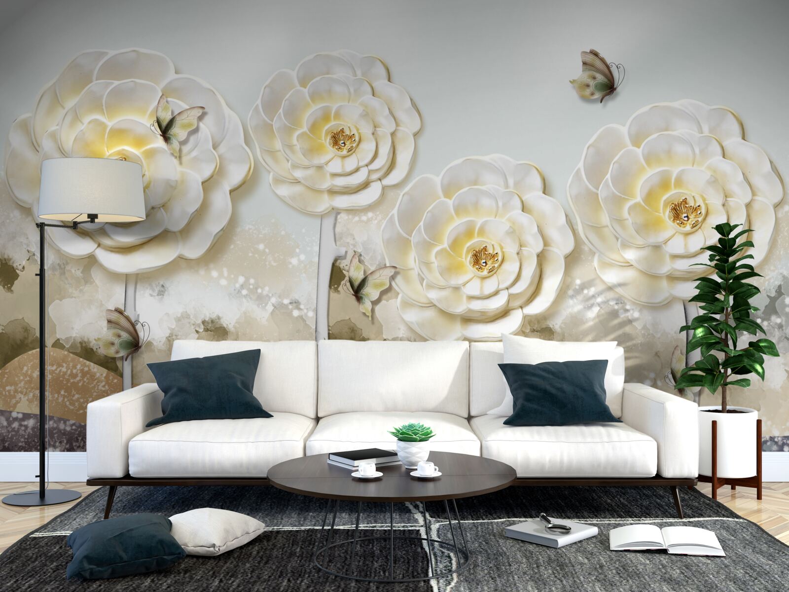 Fotobehang vlinders vliegen in de buurt van de enorme romige knoppen